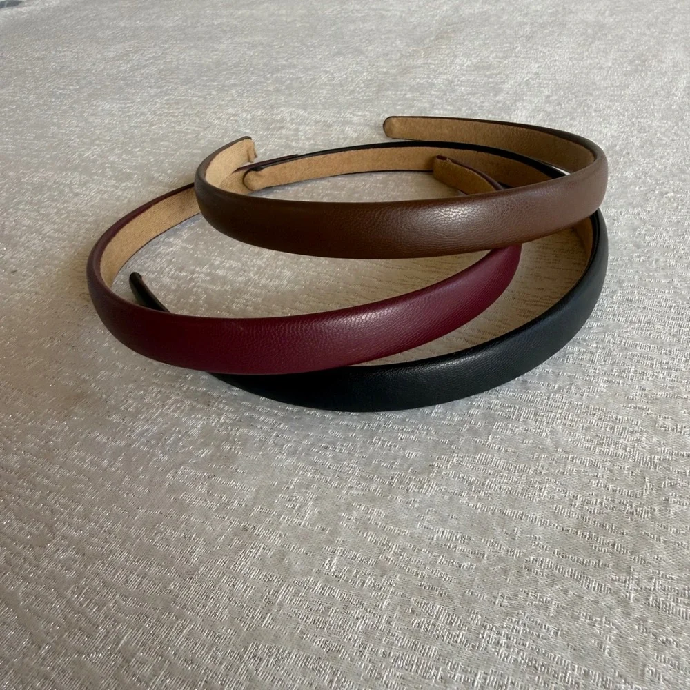3pc Faux Leather Padded Headband Set Black Burgundy Brown Slim Hair Accessory